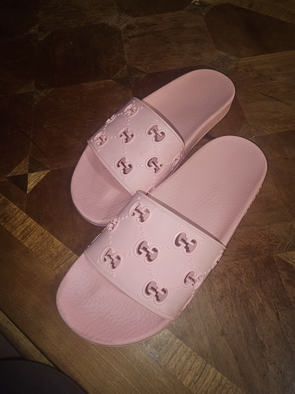 Gucci Pink Leather Logo Slide Sandals
